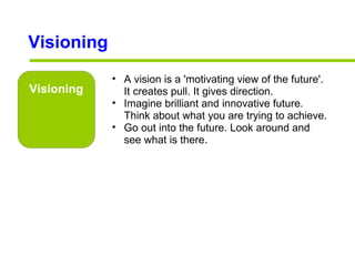 Visioning Visioning <ul><ul><li>A vision is a 'motivating view of the future'. It creates pull. It gives direction. </li><...