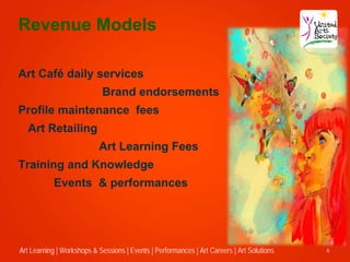 Revenue Models

Art Café daily services
                            Brand endorsements
Profile maintenance fees
  Art Retailing
                           Art Learning Fees
Training and Knowledge
           Events & performances




Art Learning | Workshops & Sessions | Events | Performances | Art Careers | Art Solutions   6
 