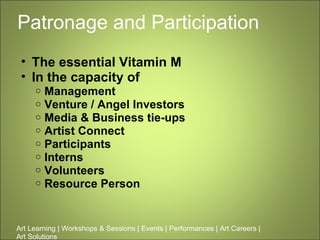 Patronage and Participation The essential Vitamin M In the capacity of Management  Venture / Angel Investors Media & Business tie-ups Artist Connect Participants Interns Volunteers Resource Person Art Learning | Workshops & Sessions | Events | Performances | Art Careers | Art Solutions  