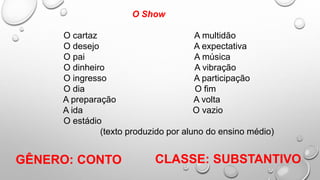 8
O Show
O cartaz A multidão
O desejo A expectativa
O pai A música
O dinheiro A vibração
O ingresso A participação
O dia O fim
A preparação A volta
A ida O vazio
O estádio
(texto produzido por aluno do ensino médio)
CLASSE: SUBSTANTIVO
GÊNERO: CONTO
 