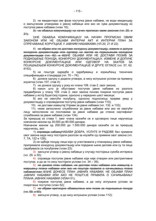 - 115 -
2) не евидентира све фазе поступка јавне набавке, не води евиденцију
о закљученим уговорима о јавној набавци или ако не чува документацију из
поступка јавне набавке (члан 16);
3) не обавља комуникацију на начин прописан овим законом (чл. 20. и
21);
3)НЕ ОБАВЉА КОМУНИКАЦИЈУ НА НАЧИН ПРОПИСАН ОВИМ
ЗАКОНОМ ИЛИ НЕ ОБЈАВИ ИНТЕРНИ АКТ И ИНТЕРНИ ПЛАН ЗА
СПРЕЧАВАЊЕ КОРУПЦИЈЕ У ЈАВНИМ НАБАВКАМА (ЧЛ.20, 21 И 22)
4) не објави или не достави конкурсну документацију, измене и допуне
конкурсне документације или одговор на захтев за појашњењем конкурсне
документације (чл. 62. и 63)НЕ ОБЈАВИ ИЛИ НЕ ДОСТАВИ ПОЗИВ ЗА
ПОДНОШЕЊЕ ПОНУДА, КОНКУРСНУ ДОКУМЕНТАЦИЈУ, ИЗМЕНЕ И ДОПУНЕ
КОНКУРСНЕ ДОКУМЕНТАЦИЈЕ ИЛИ ОДГОВОР НА ЗАХТЕВ ЗА
ПОЈАШЊЕЊЕМ КОНКУРСНЕ ДОКУМЕНТАЦИЈЕ И ДРУГЕ ОГЛАСЕ (чл. 57, 62.
И 63);
5) не поштује одредбе о одређивању и коришћењу техничких
спецификација и стандарда (чл. 70 – 74);
6) донесе одлуку о додели уговора, а нису испуњени услови за примену
изузетка (члан 107. став 4);
7) не донесе одлуку у року из члана 108. став 2. овог закона;
8) након што је обуставио поступак јавне набавке из разлога
предвиђених у члану 109. став 2. овог закона поново покрене поступак јавне
набавке у истој буџетској години, односно у наредних шест месеци;
9) ако не омогући понуђачу, односно подносиоцу пријаве увид у
документацију о спроведеном поступку јавне набавке (члан 110);
10) не достави извештај Управи за јавне набавке (чл. 132. и 133);
11) нема запосленог службеника за јавне набавке или ако не омогући
лицу запосленом на пословима за јавне набавке да стекне сертификат
службеника за јавне набавке (члан 134).
За прекршај из става 1. овог члана казниће се и одговорно лице наручиоца
новчаном казном од 30.000 до 80.000 динара.
Новчаном казном од 200.000 до 1.500.000 динара казниће се за прекршај
наручилац, ако:
1) спроведе набавкуНАБАВИ ДОБРА, УСЛУГЕ И РАДОВЕ без примене
овог закона када нису постојали разлози за изузеће од примене овог закона (чл.
7, 7А, 122 и 128);
2) не одбије понуду лица која су учествовала у планирању јавне набавке,
припремала конкурсну документацију или поједине њене делове или су та лица
сарађивала са понуђачем (члан 23);
3) закључи уговор о јавној набавци у случају постојања сукоба интереса
(чл. 29. и 30);
4) спроведе поступак јавне набавке који није отворен или рестриктивни
поступак, а да за то нису постојали услови (чл. 34 – 39);
5) не донесе план набавки, не достави план набавки или извештај о
извршењу плана набавки или ако не поштује правила о сачињавању плана
набавки(члан 51)НЕ ДОНЕСЕ ПЛАН ЈАВНИХ НАБАВКИ, НЕ ОБЈАВИ ПЛАН
ЈАВНИХ НАБАВКИ ИЛИ АКО НЕ ПОШТУЈЕ ПРАВИЛА О САЧИЊАВАЊУ
ПЛАНА ЈАВНИХ НАБАВКИ (ЧЛАН 51);
6) покрене поступак јавне набавке, а да нису испуњени услови за
покретање поступка (члан 52);
7) не објави претходно обавештење или позив за подношење понуда
(чл. 59. и 60);
8) закључи уговор, а да нису испуњени услови (члан 112);
 