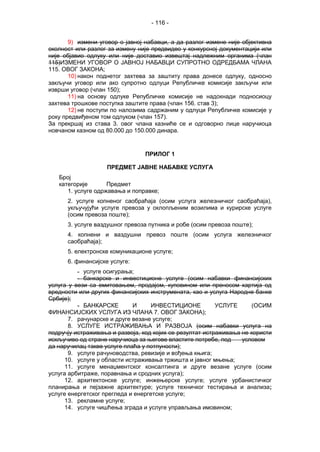 - 116 -
9) измени уговор о јавној набавци, а да разлог измене није објективна
околност или разлог за измену није предвидео у конкурсној документацији или
није објавио одлуку или није доставио извештај надлежним органима (члан
115)ИЗМЕНИ УГОВОР О ЈАВНОЈ НАБАВЦИ СУПРОТНО ОДРЕДБАМА ЧЛАНА
115. ОВОГ ЗАКОНА;
10) након поднетог захтева за заштиту права донесе одлуку, односно
закључи уговор или ако супротно одлуци Републичке комисије закључи или
изврши уговор (члан 150);
11) на основу одлуке Републичке комисије не надокнади подносиоцу
захтева трошкове поступка заштите права (члан 156. став 3);
12) не поступи по налозима садржаним у одлуци Републичке комисије у
року предвиђеном том одлуком (члан 157).
За прекршај из става 3. овог члана казниће се и одговорно лице наручиоца
новчаном казном од 80.000 до 150.000 динара.
ПРИЛОГ 1
ПРЕДМЕТ ЈАВНЕ НАБАВКЕ УСЛУГА
Број
категорије Предмет
1. услуге одржавања и поправке;
2. услуге копненог саобраћаја (осим услуга железничког саобраћаја),
укључујући услуге превоза у оклопљеним возилима и курирске услуге
(осим превоза поште);
3. услуге ваздушног превоза путника и робе (осим превоза поште);
4. копнени и ваздушни превоз поште (осим услуга железничког
саобраћаја);
5. електронске комуникационе услуге;
6. финансијске услуге:
- услуге осигурања;
- банкарске и инвестиционе услуге (осим набавки финансијских
услуга у вези са емитовањем, продајом, куповином или преносом хартија од
вредности или других финансијских инструмената, као и услуга Народне банке
Србије);
- БАНКАРСКЕ И ИНВЕСТИЦИОНЕ УСЛУГЕ (ОСИМ
ФИНАНСИЈСКИХ УСЛУГА ИЗ ЧЛАНА 7. ОВОГ ЗАКОНА);
7. рачунарске и друге везане услуге;
8. УСЛУГЕ ИСТРАЖИВАЊА И РАЗВОЈА (осим набавки услуга на
подручју истраживања и развоја, код којих се резултат истраживања не користи
искључиво од стране наручиоца за његове властите потребе, под условом
да наручилац такве услуге плаћа у потпуности);
9. услуге рачуноводства, ревизије и вођења књига;
10. услуге у области истраживања тржишта и јавног мњења;
11. услуге менаџментског консалтинга и друге везане услуге (осим
услуга арбитраже, поравнања и сродних услуга);
12. архитектонске услуге; инжењерске услуге; услуге урбанистичког
планирања и пејзажне архитектуре; услуге техничког тестирања и анализа;
услуге енергетског прегледа и енергетске услуге;
13. рекламне услуге;
14. услуге чишћења зграда и услуге управљања имовином;
 