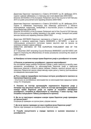 - 134 -
Директивa Европског парламента и Савета 2014/24/ЕУ од 26. фебраура 2014.
године о јавним набавкама и о стављању ван снаге Директиве 2004/18/ЕЗ
Directive 2014/24/EU of the European Parliament and of the Council of 26 February
2014 on public procurement and repealing Directive 2004/18/EC
Директива Европског парламента и Савета 2014/25/ЕУ од 26. фебруара 2014.
године о набавкама наручилаца који обављају делатности у области
водопривреде, енергетике, саобраћаја и поштанских услуга и стављању ван
снаге Директиве 2004/18/ЕЗ
Directive 2014/25/EU of the European Parliament and of the Council of 26 February
2014 on procurement by entities operating in the water, energy, transport and postal
services sectors and repealing Directive 2004/17/EC
Директива 2007/66/ЕЗ Европског парламента и Савета од 11. децембра 2007.
године о иизмени директиве Савета 89/665/ЕЕЗ и 92/13/ЕЕЗ у вези са
побољшањем успешности поступака правне заштите који се односе на
склапање уговора о јавној набавци
DIRECTIVE 2007/66/EC OF THE EUROPEAN PARLIAMENT AND OF THE
COUNCIL
of 11 December 2007 amending Council Directives 89/665/EEC and 92/13/EEC with
regard to improving the effectiveness of review procedures concerning the award of
public contracts
в) Навођење осталих извора права Европске уније и усклађеност са њима
г) Разлози за делимичну усклађеност, односно неусклађеност
На постојећем нивоу развоја Републике Србије у овом тренутку је могуће само
делимично усклађивање са законодавством Европске уније и најбољом
европском праксом у области јавних набавки. Измене, односно допуне које се
предлажу Предлогом закона представљају корак даље у смислу усаглашавања
са наведеним законодавством.
д) Рок у којем је предвиђено постизање потпуне усклађености прописа са
прописима Европске уније
- општи рок за усклађивање законодавства са законодавством заједнице према
члану 72. Споразума;
5. Уколико не постоје одговарајуће надлежности Европске уније у
материји коју регулише пропис, и/или не постоје одговарајући секундарни
извори права Европске уније са којима је потребно обезбедити
усклађеност, потребно је образложити ту чињеницу. У овом случају, није
потребно попуњавати Табелу усклађености прописа.
6. Да ли су претходно наведени извори права Европске уније преведени
на српски језик?
Споразум је преведен на српски језик у форми закона.
7. Да ли је пропис преведен на неки службени језик Европске уније?
Пропис није преведен на службени језик Европске уније.
8. Учешће консултаната у изради прописа и њихово мишљење о
усклађености.
 