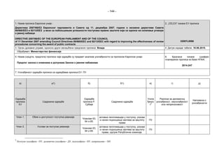 - 144 -
1. Назив прописа Eвропске уније :
Директива 2007/66/ЕЗ Европског парламента и Савета од 11. децембра 2007. године о иизмени директиве Савета
89/665/ЕЕЗ и 92/13/ЕЕЗ у вези са побољшањем успешности поступака правне заштите који се односе на склапање уговора
о јавној набавци
DIRECTIVE 2007/66/EC OF THE EUROPEAN PARLIAMENT AND OF THE COUNCIL
of 11 December 2007 amending Council Directives 89/665/EEC and 92/13/EEC with regard to improving the effectiveness of review
procedures concerning the award of public contracts
2. „CELEX” ознака ЕУ прописа
32007L0066
3. Орган државне управе, односно други овлашћени предлагач прописа: Влада 4. Датум израде табеле: 18.06.2015.
Обрађивач: Министарство финансија
5. Назив (нацрта, предлога) прописа чије одредбе су предмет анализе усклађености са прописом Европске уније:
Предлог закона о изменама и допунама Закона о јавним набавкама
6. Бројчане ознаке (шифре)
планираних прописа из базе НПAA:
2014-247
7. Усклађеност одредби прописа са одредбама прописа ЕУ: ПУ
а) а1) б) б1) в) г) д)
Одредба
прописа
ЕУ
Садржина одредбе
Одредбе
прописа Р.
Србије
Садржина одредбе
Ускла
ђенос
т
3
Разлози за делимичну
усклађеност, неусклађеност
или непреносивост
Напомена о
усклађености
Члан 1. Обим и доступност поступка ревизије
Чланови 63,
64 и 65.
активна легитимација у поступку, рокови
и начин подношења захтева за заштиту
права
ПУ
Члан 2. Услови за поступак ревизије
Чланови 63,
64 и 65.
активна легитимација у поступку, рокови
и начин подношења захтева за заштиту
права, одлуке Републичке комисије.
ПУ
3
Потпуно усклађено - ПУ, делимично усклађено - ДУ, неусклађено - НУ, непреносиво – НП
 