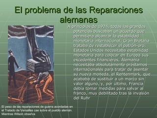 El problema de las Reparaciones alemanas A principios de 1924, todas las grandes potencias buscaban un acuerdo que permitiera alcanzar la estabilidad monetaria internacional. Gran Bretaña trataba de restablecer el patrón-oro, Estados Unidos necesitaba estabilidad monetaria para colocar en Europa sus excedentes financieros, Alemania necesitaba absolutamente préstamos internacionales para tratar de asentar su nueva moneda, el Rentenmark, que acababa de sustituir a un marco sin valor alguno, y, por último, Francia debía tomar medidas para salvar al franco, muy debilitado tras la invasión del Ruhr   El peso de las reparaciones de guerra acordadas en  el Tratado de Versalles cae sobre el pueblo alemán. Mientras Wilson observa  