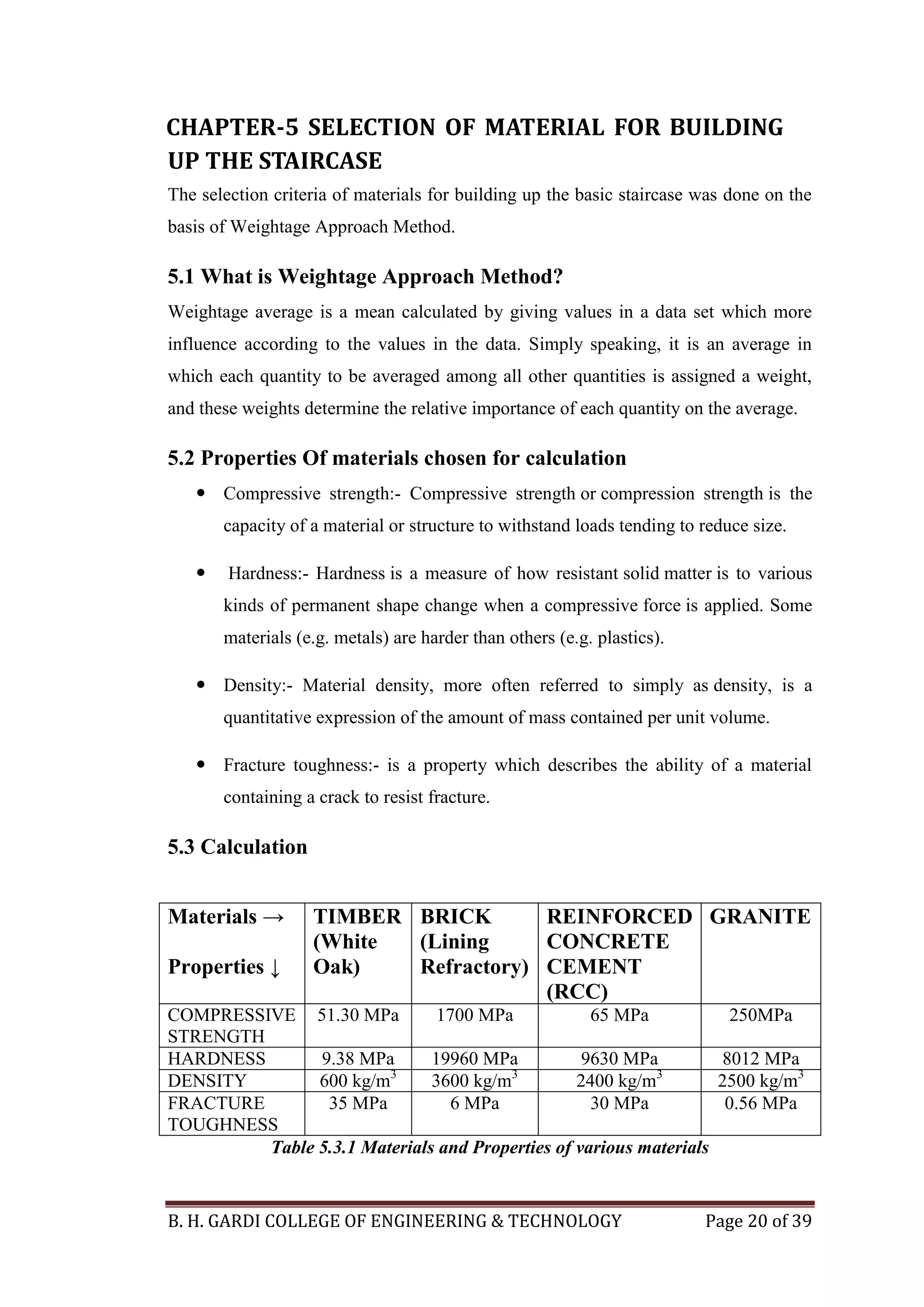 B. H. GARDI COLLEGE OF ENGINEERING & TECHNOLOGY Page 20 of 39
CHAPTER-5 SELECTION OF MATERIAL FOR BUILDING
UP THE STAIRCASE
The selection criteria of materials for building up the basic staircase was done on the
basis of Weightage Approach Method.
5.1 What is Weightage Approach Method?
Weightage average is a mean calculated by giving values in a data set which more
influence according to the values in the data. Simply speaking, it is an average in
which each quantity to be averaged among all other quantities is assigned a weight,
and these weights determine the relative importance of each quantity on the average.
5.2 Properties Of materials chosen for calculation
 Compressive strength:- Compressive strength or compression strength is the
capacity of a material or structure to withstand loads tending to reduce size.
 Hardness:- Hardness is a measure of how resistant solid matter is to various
kinds of permanent shape change when a compressive force is applied. Some
materials (e.g. metals) are harder than others (e.g. plastics).
 Density:- Material density, more often referred to simply as density, is a
quantitative expression of the amount of mass contained per unit volume.
 Fracture toughness:- is a property which describes the ability of a material
containing a crack to resist fracture.
5.3 Calculation
Materials →
Properties ↓
TIMBER
(White
Oak)
BRICK
(Lining
Refractory)
REINFORCED
CONCRETE
CEMENT
(RCC)
GRANITE
COMPRESSIVE
STRENGTH
51.30 MPa 1700 MPa 65 MPa 250MPa
HARDNESS 9.38 MPa 19960 MPa 9630 MPa 8012 MPa
DENSITY 600 kg/m3
3600 kg/m3
2400 kg/m3
2500 kg/m3
FRACTURE
TOUGHNESS
35 MPa 6 MPa 30 MPa 0.56 MPa
Table 5.3.1 Materials and Properties of various materials
 