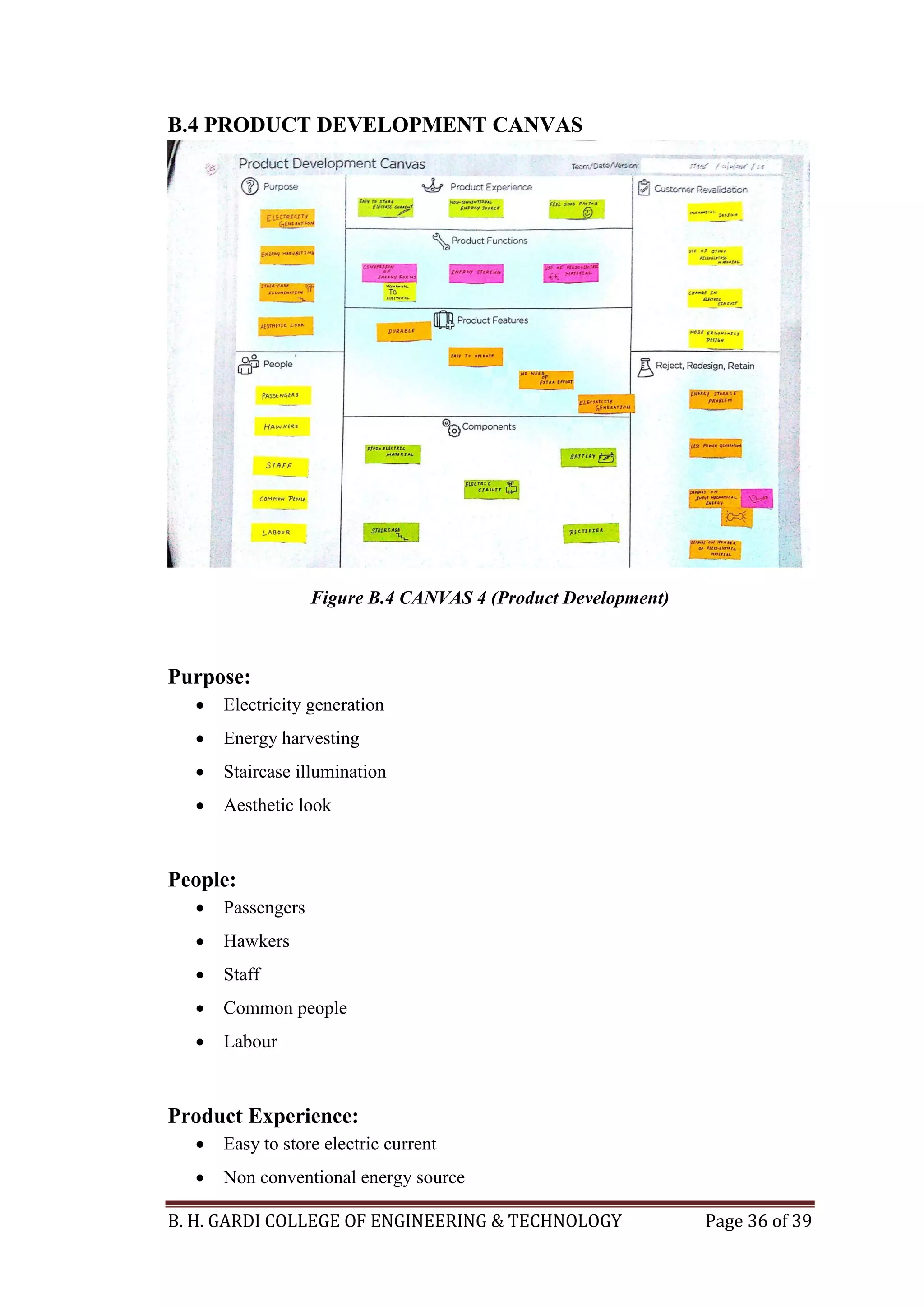 B. H. GARDI COLLEGE OF ENGINEERING & TECHNOLOGY Page 36 of 39
B.4 PRODUCT DEVELOPMENT CANVAS
Figure B.4 CANVAS 4 (Product Development)
Purpose:
 Electricity generation
 Energy harvesting
 Staircase illumination
 Aesthetic look
People:
 Passengers
 Hawkers
 Staff
 Common people
 Labour
Product Experience:
 Easy to store electric current
 Non conventional energy source
 