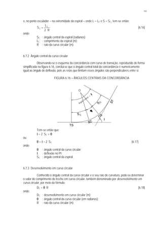 103
e, no ponto osculador – na extremidade da espiral – onde L = LC e S = SC, tem-se então:
R2
L
S C
C
⋅
= [6.16]
onde:
SC : ângulo central da espiral (radianos);
LC : comprimento da espiral (m);
R : raio da curva circular (m).
6.7.2 Ângulo central da curva circular
Observando-se o esquema da concordância com curva de transição, reproduzido de forma
simplificada na figura 6.16, conclui-se que o ângulo central total da concordância é numericamente
igual ao ângulo de deflexão, pois as retas que limitam esses ângulos são perpendiculares entre si.
FIGURA 6.16 – ÂNGULOS CENTRAIS DA CONCORDÂNCIA
Tem-se então que:
I = 2. SC + θ
ou:
θ = I – 2. SC [6.17]
onde:
θ : ângulo central da curva circular;
I : deflexão no PI;
SC : ângulo central da espiral.
6.7.3 Desenvolvimento em curva circular
Conhecido o ângulo central da curva circular e o seu raio de curvatura, pode-se determinar
o valor do comprimento do trecho em curva circular, também denominado por desenvolvimento em
curva circular, por meio da fórmula:
DC = θ. R [6.18]
onde:
DC : desenvolvimento em curva circular (m);
θ : ângulo central da curva circular (em radianos);
R : raio da curva circular (m).
SC
θθ
TS
I
SC
CS
ST
S
C
Ângulo Central =
I
O
 