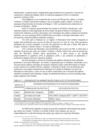 3
administrativas, mediante quotas3 estabelecidas proporcionalmente aos respectivos consumos de
combustíveis e lubrificantes líquidos (36%), às respectivas populações (12%) e às respectivas
superfícies territoriais (12%).
Para habilitarem-se ao recebimento dos recursos do FRN que lhes cabiam, os Estados,
Territórios e o Distrito Federal foram instados a criar seus próprios órgãos setoriais, na forma de
autarquias (Departamentos de Estradas de Rodagem – DER, ou Departamentos Autônomos de
Estradas de Rodagem – DAER).
Assim, as estruturas governamentais dos Estados (e do Distrito Federal) para o setor
rodoviário acabaram sendo organizadas de forma similar à do governo federal: às Secretarias de
Estado foram atribuídas as tarefas relacionadas com a formulação das políticas estaduais de transporte
rodoviário, e às suas autarquias (DER ou DAER) foram reservados os encargos relacionados com a
execução das respectivas políticas rodoviárias estaduais.
Três anos após a instituição da Lei Joppert, os Municípios foram também integrados ao
modelo como beneficiários dos recursos do FRN, por força da Lei n° 302, de 13 jul. 1948, passando a
distribuição dos recursos vinculados a ser feita nas proporções de 40% para a União, 48% para os
Estados, Territórios e Distrito Federal, e 12% para os Municípios4.
Com a inclusão dos Municípios como beneficiários dos recursos do FRN, o critério para a
repartição da parcela que cabia aos Estados, Territórios e Distrito Federal, bem assim da parcela que
cabia aos Municípios, também sofreu ajustamentos, e o rateio passou a ser efetuado
proporcionalmente às superfícies (2/10), às populações (2/10), e aos consumos de lubrificantes e
combustíveis líquidos (6/10) das respectivas unidades.
No nível municipal, as tarefas de formulação das políticas rodoviárias foram atribuídas
geralmente a Secretarias Municipais. No entanto, a organização para as atividades relacionadas com a
execução dessas políticas municipais de transporte rodoviário acabou sendo diferenciada em relação
ao que aconteceu nos âmbitos federal e estaduais5, verificando-se desde casos de Municípios que
estruturaram seus próprios Departamentos Municipais de Estradas de Rodagem (em geral, nos
Municípios de maior porte), a casos em que as tarefas relacionadas com a execução das políticas
rodoviárias municipais foram atribuídas a órgãos da administração direta ou mesmo assumidas pelos
próprios gabinetes dos Prefeitos.
TABELA 1.1 – ORGANIZAÇÃO DA ADMINISTRAÇÃO PÚBLICA DO SETOR RODOVIÁRIO
ENTIDADES RESPONSÁVEIS PELA POLÍTICA RODOVIÁRIANÍVEIS DE
JURISDIÇÃO
FORMULAÇÃO DA POLÍTICA EXECUÇÃO DA POLÍTICA
Federal Ministério dos Transportes DNER
Estadual Secretarias de Estado DER, DAER, Fundação DER (1), DERT(2), AGETOP(3)
Municipal Secretarias Municipais DMER e outras
(1) Caso do Estado do Rio de Janeiro, que reconfigurou o DER/RJ como Fundação DER.
(2) Caso do Estado do Ceará, que reconfigurou o DAER/CE como Departamento de Edificações, Rodovias e Transportes - DERT.
(3) Caso do Estado de Goiás, cujo DER/GO foi extinto, sendo suas atividades absorvidas pela Agência Goiana de Transportes o Obras Públicas (AGETOP).
Ao DNER foram atribuídas as tarefas de proceder anualmente à determinação das quotas
que cabiam aos Estados, Territórios e ao Distrito Federal; estas unidades, por sua vez,
responsabilizavam-se pela determinação das quotas que cabiam aos respectivos Municípios.
3 No jargão legal e técnico-administrativo, as quotas eram freqüentemente denominadas (incorretamente) de “cotas-partes”.
4 Essas proporções de distribuição sofreram, posteriormente, diversas alterações, incluindo a participação de outros setores de
transportes como beneficiários dos recursos do FRN.
5 A lei n° 302, de 13 jul. 1948, condicionava a liberação dos recursos do FRN que cabiam aos Municípios à manutenção, pelas
respectivas organizações administrativas, de um serviço especial de estradas e caminhos municipais.
 