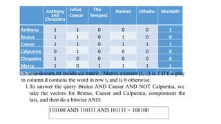 Anthony
and
Cleopatra
Julius
Caesar
The
Tempest
Hamlet Othello. Macbeth
Anthony 1 1 0 0 0 1
Brutus 1 1 0 1 0 0
Caesar 1 1 0 1 1 1
Calpurnia 0 1 0 0 0 0
Cleopatra 1 0 0 0 0 0
Mercy 1 0 1 1 1 1
Worser 1 0 1 1 1 0
A term-document incidence matrix. Matrix element (t, d) is 1 if the play
in column d contains the word in row t, and is 0 otherwise.
1.To answer the query Brutus AND Caesar AND NOT Calpurnia, we
take the vectors for Brutus, Caesar and Calpurnia, complement the
last, and then do a bitwise AND:
110100 AND 110111 AND 101111 = 100100
 