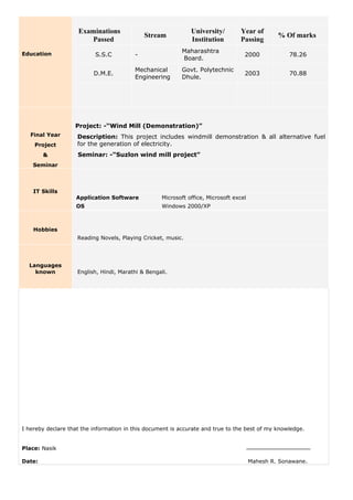 Education
Examinations
Passed
Stream
University/
Institution
Year of
Passing
% Of marks
S.S.C -
Maharashtra
Board.
2000 78.26
D.M.E.
Mechanical
Engineering
Govt. Polytechnic
Dhule.
2003 70.88
Final Year
Project
&
Seminar
Project: -“Wind Mill (Demonstration)”
Description: This project includes windmill demonstration & all alternative fuel
for the generation of electricity.
Seminar: -“Suzlon wind mill project”
IT Skills
Application Software Microsoft office, Microsoft excel
OS Windows 2000/XP
Hobbies
Reading Novels, Playing Cricket, music.
Languages
known English, Hindi, Marathi & Bengali.
I hereby declare that the information in this document is accurate and true to the best of my knowledge.
Place: Nasik
Date: Mahesh R. Sonawane.
 
