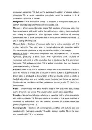 ammonium carbonate TS, but on the subsequent addition of dibasic sodium
phosphate TS, a white, crystalline precipitate, which is insoluble in 6 N
ammonium hydroxide, is formed.
Manganese— With ammonium sulfide TS, solutions of manganous salts yield a
salmon-colored precipitate that dissolves in acetic acid.
Mercury— When applied to bright copper foil, solutions of mercury salts, free
from an excess of nitric acid, yield a deposit that upon rubbing, becomes bright
and silvery in appearance. With hydrogen sulfide, solutions of mercury
compounds yield a black precipitate that is insoluble in ammonium sulfide TS
and in boiling 2 N nitric acid.
Mercuric Salts— Solutions of mercuric salts yield a yellow precipitate with 1 N
sodium hydroxide. They yield also, in neutral solutions with potassium iodide
TS, a scarlet precipitate that is very soluble in an excess of the reagent.
Mercurous Salts— Mercurous compounds are decomposed by 1 N sodium
hydroxide, producing a black color. With hydrochloric acid, solutions of
mercurous salts yield a white precipitate that is blackened by 6 N ammonium
hydroxide. With potassium iodide TS, a yellow precipitate, that may become
green upon standing, is formed.
Nitrate— When a solution of a nitrate is mixed with an equal volume of sulfuric
acid, the mixture is cooled, and a solution of ferrous sulfate is superimposed, a
brown color is produced at the junction of the two liquids. When a nitrate is
heated with sulfuric acid and metallic copper, brownish-red fumes are evolved.
Nitrates do not decolorize acidified potassium permanganate TS (distinction
from nitrites).
Nitrite— When treated with dilute mineral acids or with 6 N acetic acid, nitrites
evolve brownish–red fumes. The solution colors starch-iodide paper blue.
Oxalate— Neutral and alkaline solutions of oxalates yield a white precipitate
with calcium chloride TS. This precipitate is insoluble in 6 N acetic acid but is
dissolved by hydrochloric acid. Hot acidified solutions of oxalates decolorize
potassium permanganate TS.
Permanganate— Solutions of permanganates acidified with sulfuric acid are
decolorized by hydrogen peroxide TS and by sodium bisulfite TS, in the cold,
and by oxalic acid TS, in hot solution.
 