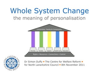 Whole System Change
the meaning of personalisation




    Dr Simon Duffy ￭ The Centre for Welfare Reform ￭
    for North Lanarkshire Council ￭ 8th November 2011
 