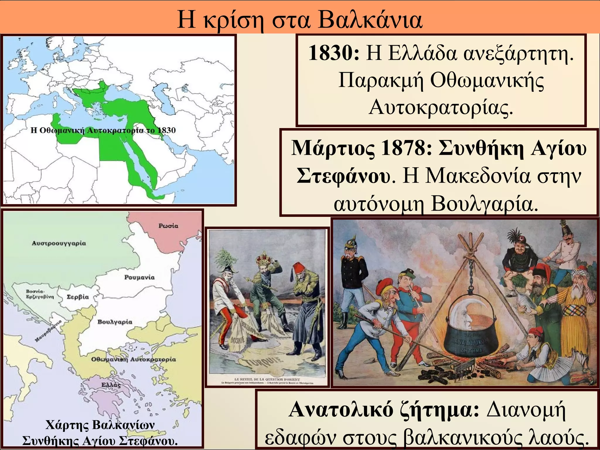 1830: Η Ελλάδα ανεξάρτητη.
Παρακμή Οθωμανικής
Αυτοκρατορίας.
Μάρτιος 1878: Συνθήκη Αγίου
Στεφάνου. Η Μακεδονία στην
αυτόνομη Βουλγαρία.
Η κρίση στα Βαλκάνια
Ανατολικό ζήτημα: Διανομή
εδαφών στους βαλκανικούς λαούς.
Χάρτης Βαλκανίων
Συνθήκης Αγίου Στεφάνου.
 