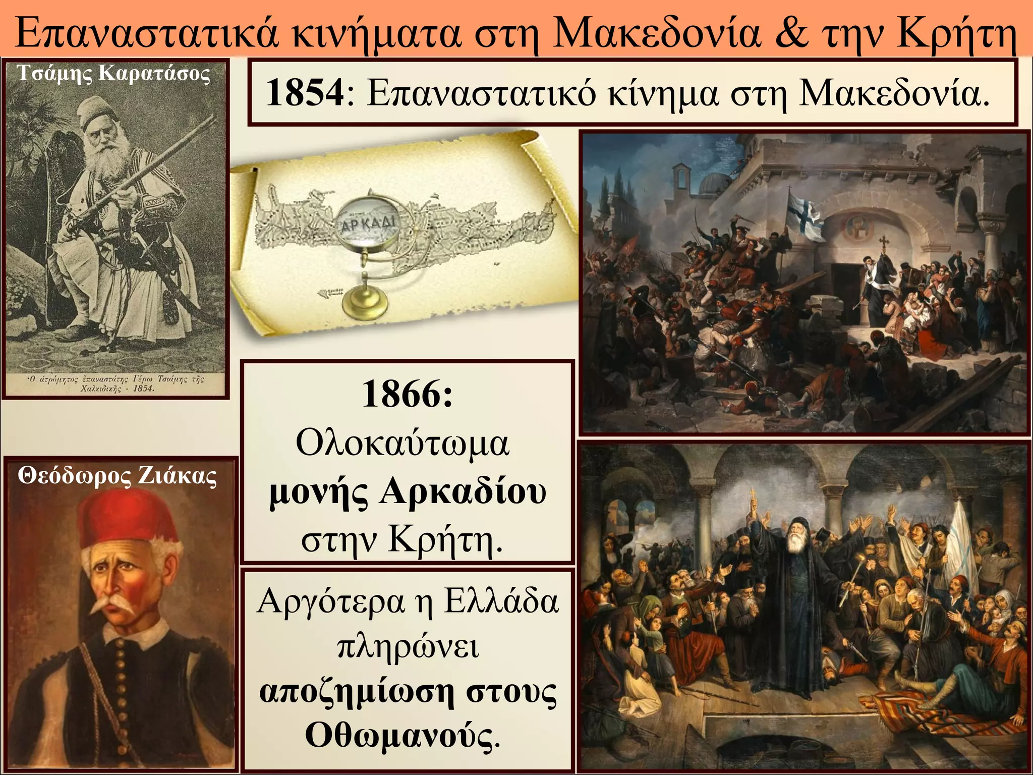 Επαναστατικά κινήματα στη Μακεδονία & την Κρήτη
1854: Επαναστατικό κίνημα στη Μακεδονία.
1866:
Ολοκαύτωμα
μονής Αρκαδίου
στην Κρήτη.
Αργότερα η Ελλάδα
πληρώνει
αποζημίωση στους
Οθωμανούς.
Θεόδωρος Ζιάκας
Τσάμης Καρατάσος
 