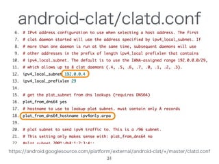 android-clat/clatd.conf
31
https://android.googlesource.com/platform/external/android-clat/+/master/clatd.conf
 