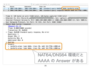 35
NAT64/DNS64 環境だと
AAAA の Answer がある
 
