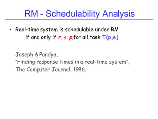 RM - Schedulability Analysis
• Real-time system is schedulable under RM
if and only if ri ≤ pi for all task Ti(pi,ei)
Joseph & Pandya,
“Finding response times in a real-time system”,
The Computer Journal, 1986.
 