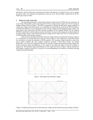  ISSN: 2088-8694
Int J Pow Elec & Dri Syst, Vol. 10, No. 3, Sep 2019 : 1308 – 1316
1312
transformer. The RC branch type consisting with resistor and capacitor is selected in such a way to operate
the passive filter. The resistance and capacitance values are set as 1Ω and 100µF, respectively for the RC
branch type of passive filter.
3. RESULTS AND ANALYSIS
The operating performance of three-phase dynamic voltage restorer (DVR) has been carried-out on
a case study of three-phase system consisting with 8.14 kVA rating of power supply and 7.56 kVA rating of
loading condition shown in Figure 2. The DVR is responsible to mitigate the three power quality problems of
voltage sag, voltage swell and harmonic. It is worthwhile to mention that the main task of DVR controller is
to produce the difference or error signal between the reference voltage and interrupted incoming voltage. The
error signal is then received by the IGBT switches to produce the AC unipolar SPWM. The AC unipolar
SPWM is transferred to the three-phase isolation transformer to convert and compensate the distorted part of
incoming voltage. Figure 5 shows the fixed reference voltage of 415V taken from Vref A, Vref B and Vref C
in DVR controller circuit shown in Figure 4.
Figure 6 shows the difference between the fixed voltage reference and distorted incoming voltage at
0.1 second until 0.15 second taken from Vline and Vref in Figure 4. The comparison is made between the
two waveforms to initiate the operation of DVR controller. The incoming voltage distortion is one of the
power quality problems that may instigate ineffective operation of load hence shorten the lifespan
performance. As a result, the comparison between the reference voltage and distorted incoming voltage may
yield to hysteresis signal and difference or error signal at the input and output of point H in Figure 4,
respectively. The hysteresis signal and difference or error signal are shown in Figure 7 and the duration for
both signals to operate is between 0.1 second to 0.4 second depending to the duration of distorted incoming
voltage discussed beforehand.
Figure 5. Three-phase fixed reference voltage.
Figure 6. Comparison between the (a) fixed reference voltage, and (b) distorted incoming voltage waveform.
 