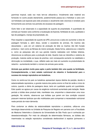 www.aptaregional.sp.gov.br
ISSN 2316-5146
Pesquisa & Tecnologia, vol. 11, n. 1, Jan-Jun 2014
gramínea tropical, cada vez mais tem-se utilizando-a. Inicialmente este material era
fornecido no cocho picado diariamente, posteriormente passou-se a hidrolisar a cana com
cal hidratada (cal especial para este processo) e atualmente este volumoso é ensilado para
fornecimento aos animais nos períodos de escassez de pastagem.
Outro fator a ser observado é a capacidade de suporte da propriedade. A quantidade de
animais por hectare varia conforme a localização da fazenda, fertilidade do solo, qualidade e
tipo de pastagens, manejo da propriedade, etc.
Para respeitar a capacidade de suporte da UPD, procura-se a cada ano aumentar a área de
pastagem formada e, além disso, vender o excedente de animais. Os machos são
descartados – pois em um sistema de produção de leite os machos não têm função
produtiva – bem como as fêmeas de menor produção. Desta forma, seleciona-se o rebanho
e, como as pesquisas são em sua grande maioria realizadas com búfalas leiteiras,
direciona-se os esforços para a produção de leite. Quanto mais se intensifica o sistema de
produção, maiores serão as taxas de prenhez, com consequente aumento na natalidade e
diminuição na mortalidade, o que, refletirá cada vez mais em aumento na produtividade do
rebanho – aumentando também o número de animais para venda.
Animais que perdem muito peso após o parto também têm uma queda na fertilidade.
Conseqüentemente, o bom estado nutricional do rebanho é fundamental para o
sucesso do manejo reprodutivo em bubalinos.
Como no centro-sul do país os bubalinos apresentam época distinta de parição, devido à
estacionalidade reprodutiva, a grande maioria dos partos ocorre no final do verão e início do
outono, quando a oferta de pastagens decai, tanto em qualidade quanto em quantidade.
Este quadro se agrava por causa da exigência nutricional aumentada pela lactação. Neste
período a búfala deve produzir leite, manifestar cios, emprenhar e desenvolver uma nova
gestação. No entanto, observa-se que búfalas que parem em boa condição corporal
possuem reservas lipídicas que são mobilizadas para compensar a necessidade nutricional
neste período de maior demanda.
Para contornar os efeitos da estacionalidade reprodutiva e produtiva, utiliza-se uma
tecnologia desenvolvida na Unidade de Pesquisa de Registro em parceria com a Faculdade
de Medicina Veterinária e Zootecnia da Universidade de São Paulo que é conhecida por
desestacionalização. Por meio da utilização de determinados fármacos, as búfalas são
inseminadas na estação reprodutiva considerada desfavorável à espécie (primavera e
 