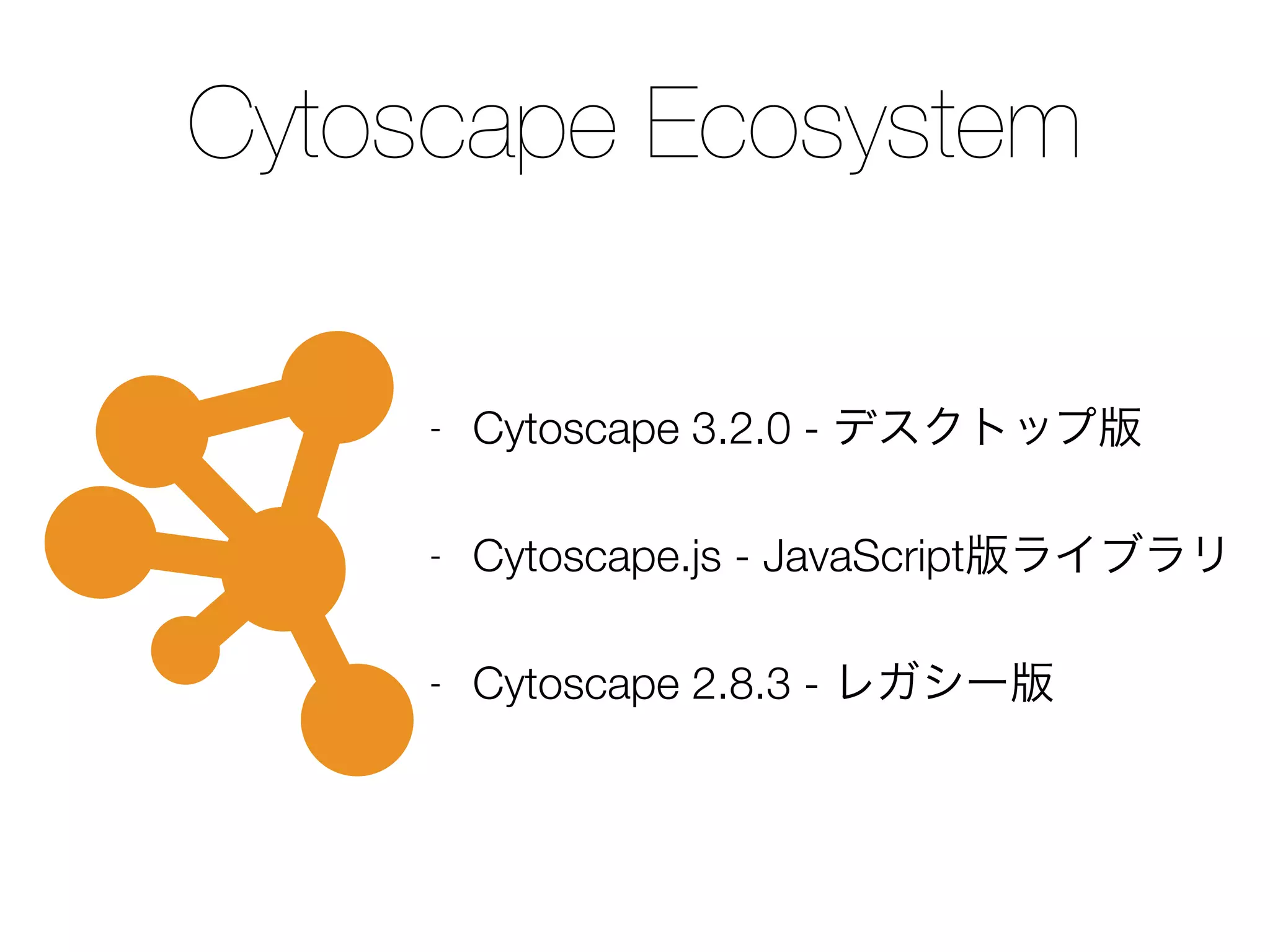 Cytoscape Ecosystem
- Cytoscape 3.2.0 - デスクトップ版
- Cytoscape.js - JavaScript版ライブラリ
- Cytoscape 2.8.3 - レガシー版
 