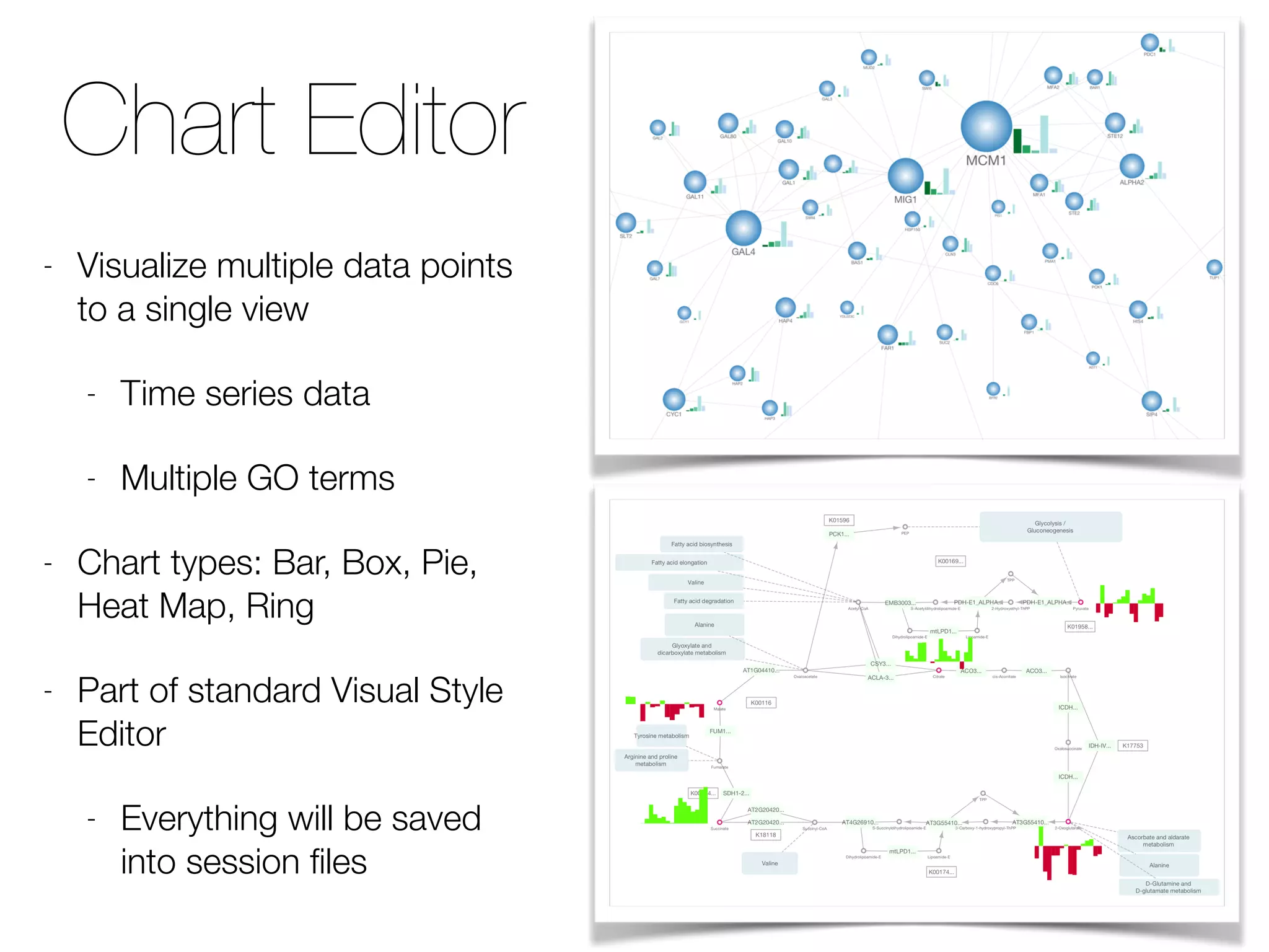 Chart Editor
- Visualize multiple data points
to a single view
- Time series data
- Multiple GO terms
- Chart types: Bar, Box, Pie,
Heat Map, Ring
- Part of standard Visual Style
Editor
- Everything will be saved
into session ﬁles
 