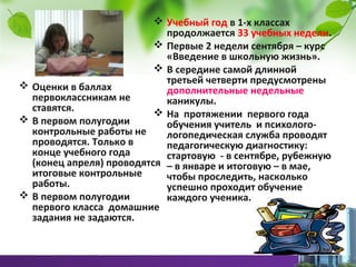  Оценки в баллах
первоклассникам не
ставятся.
 В первом полугодии
контрольные работы не
проводятся. Только в
конце учебного года
(конец апреля) проводятся
итоговые контрольные
работы.
 В первом полугодии
первого класса домашние
задания не задаются.
 Учебный год в 1-х классах
продолжается 33 учебных недели.
 Первые 2 недели сентября – курс
«Введение в школьную жизнь».
 В середине самой длинной
третьей четверти предусмотрены
дополнительные недельные
каникулы.
 На протяжении первого года
обучения учитель и психолого-
логопедическая служба проводят
педагогическую диагностику:
стартовую - в сентябре, рубежную
– в январе и итоговую – в мае,
чтобы проследить, насколько
успешно проходит обучение
каждого ученика.
 
