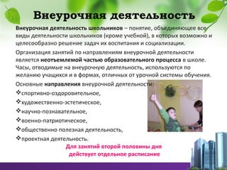 Внеурочная деятельность
Внеурочная деятельность школьников – понятие, объединяющее все 
виды деятельности школьников (кроме учебной), в которых возможно и 
целесообразно решение задач их воспитания и социализации.
Организация занятий по направлениям внеурочной деятельности 
является неотъемлемой частью образовательного процесса в школе. 
Часы, отводимые на внеурочную деятельность, используются по 
желанию учащихся и в формах, отличных от урочной системы обучения. 
Основные направления внеурочной деятельности: 
спортивно-оздоровительное, 
художественно-эстетическое,
научно-познавательное, 
военно-патриотическое, 
общественно полезная деятельность, 
проектная деятельность.
Для занятий второй половины дня
действует отдельное расписание
 