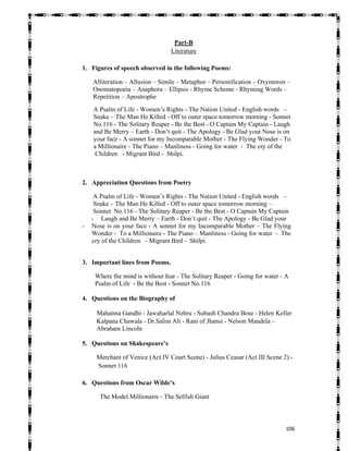   106
Part-B
Literature
1. Figures of speech observed in the following Poems:
Alliteration – Allusion – Simile – Metaphor – Personification – Oxymoron –
Onomatopoeia – Anaphora – Ellipsis - Rhyme Scheme - Rhyming Words –
Repetition – Apostrophe
A Psalm of Life - Women’s Rights - The Nation United - English words –
Snake – The Man He Killed - Off to outer space tomorrow morning - Sonnet
No.116 - The Solitary Reaper - Be the Best - O Captain My Captain - Laugh
and Be Merry – Earth - Don’t quit - The Apology - Be Glad your Nose is on
your face - A sonnet for my Incomparable Mother - The Flying Wonder - To
a Millionaire - The Piano – Manliness - Going for water - The cry of the
Children - Migrant Bird - Shilpi.
2. Appreciation Questions from Poetry
A Psalm of Life - Women’s Rights - The Nation United - English words –
Snake – The Man He Killed - Off to outer space tomorrow morning –
Sonnet No.116 - The Solitary Reaper - Be the Best - O Captain My Captain
- Laugh and Be Merry – Earth - Don’t quit - The Apology - Be Glad your
- Nose is on your face - A sonnet for my Incomparable Mother – The Flying
Wonder - To a Millionaire - The Piano – Manliness - Going for water - The
cry of the Children - Migrant Bird - Shilpi.
3. Important lines from Poems.
Where the mind is without fear - The Solitary Reaper - Going for water - A
Psalm of Life - Be the Best - Sonnet No.116
4. Questions on the Biography of
Mahatma Gandhi - Jawaharlal Nehru - Subash Chandra Bose - Helen Keller
Kalpana Chawala - Dr.Salim Ali - Rani of Jhansi - Nelson Mandela –
Abraham Lincoln
5. Questions on Shakespeare’s
Merchant of Venice (Act IV Court Scene) - Julius Ceasar (Act III Scene 2) -
Sonnet 116
6. Questions from Oscar Wilde’s
The Model Millionaire - The Selfish Giant
 