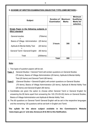 6
5. SCHEME OF WRITTEN EXAMINATION (OBJECTIVE TYPE) (OMR METHOD):-
Note :
i. Two types of question papers will be set.
Type- 1 General Studies + General Tamil will contain questions on General Studies
(75 items), Basics of Village Administration (25 items), Aptitude & Mental Ability
Test (20 items) and General Tamil (80 items).
Type-2 (General Studies + General English) will contain questions on General Studies
(75 items), Basics of Village Administration (25 items), Aptitude & Mental Ability Test
(20 items) and General English (80 items).
ii. Candidates are given the option to choose either General Tamil or General English for
answering the 80 items apart from answering the 120 (75+25+20) items on General Studies,
Basics of Village Administration and Aptitude & Mental Ability Test.
iii. The 80 questions on General Tamil/ General English will be set in the respective languages
and the remaining 120 questions will be set both in English and Tamil.
The syllabi for the above subject available in the Commission’s Website
‘www.tnpsc.gov.in’ and also Annexure-III & IIIA to this Notification.
Subject
Duration of
Examination
Maximum
Marks
Minimum
Qualifying
Marks for
selection
Single Paper in the following subjects in
SSLC standard
General studies (75items)
+
Basics of Village Administration (25 items)
+
Aptitude & Mental Ability Test (20 items)
+
General Tamil / General English (80 items)
Total (200items)
3 hours 300 90
Total 300
 