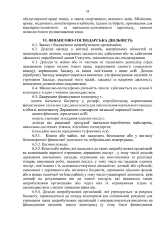 18
обслуговуючої праці тощо), а також спортивного, актового залів, бібліотеки,
архіву, медичного, комп'ютерного кабінетів, їдальні та буфету, приміщення для
інженерно-технічного та навчально-допоміжного персоналу, кімнати
психологічного розвантаження тощо.
VІ. ФІНАНСОВО-ГОСПОДАРСЬКА ДІЯЛЬНІСТЬ
6.1. Заклад є бюджетною неприбутковою організацією.
6.2. Доходи закладу у вигляді коштів, матеріальних цінностей та
нематеріальних активів, одержаних закладом від здійснення або на здійснення
діяльності, передбаченої даним Статутом, звільняються від оподаткування.
6.3. Доходи та майно або їх частини не підлягають розподілу серед
працівників (окрім оплати їхньої праці, нарахування єдиного соціального
внеску), керівництва Закладу та інших пов’язаних з ними осіб. Доходи
(прибутки) Закладу використовуються виключно для фінансування видатків та
утримання Закладу, реалізації мети (цілей, завдань) та напрямів діяльності,
визначених установчими документами.
6.4. Фінансово-господарська діяльність школи здійснюється на основі її
кошторису згідно з чинним законодавством.
6.5. Джерелами фінансування кошторису є:
кошти місцевого бюджету у розмірі, передбаченому нормативами
фінансування загальної середньої освіти для забезпечення навчального процесу
в обсязі, визначеному Державним стандартом загальної середньої освіти;
кошти фізичних, юридичних осіб;
кошти, отримані за надання платних послуг;
доходи від реалізації продукції навчально-виробничих майстерень,
навчально-дослідних ділянок, підсобних господарств;
благодійні внески юридичних та фізичних осіб.
6.5.1. Кошти або майно, які надходять безоплатно або у вигляду
безповоротної фінансової допомоги чи добровільних пожертувань;
6.5.2. Пасивні доходи;
6.5.3. Кошти або майно, які надходять до таких неприбутковихорганізацій
як компенсація вартості отриманих державних послуг , у тому числі доходів
державних навчальних закладів, отриманих від виготовлення та реалізації
товарів, виконання робіт, надання послуг, у тому числі від надання платних
послуг, пов’язаних з їх основною статутною діяльністю; дотацій або субсидій,
отриманих з державного або місцевого бюджетів, державних цільових фондів
або в межах технічної чиблагодійної, у тому числі гуманітарної допомоги, крім
дотацій на регулювання цін на платні послуги, які надаються таким
неприбутковим організаціям або через них їх отримувачам згідно із
законодавством з метою зниження рівня цін.
6.5.4. Доходи неприбуткових організацій, які утримуються за рахунок
бюджету, зараховуються до складу кошторисів (на спеціальний рахунок) для
утримання таких неприбуткових організацій і використовуються виключно на
фінансування видатків такого кошторису (у тому числі фінансування
 