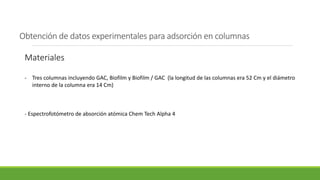 Obtención de datos experimentales para adsorción en columnas
Materiales
- Tres columnas incluyendo GAC, Biofilm y Biofilm / GAC (la longitud de las columnas era 52 Cm y el diámetro
interno de la columna era 14 Cm)
- Espectrofotómetro de absorción atómica Chem Tech Alpha 4
 