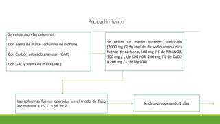 Procedimiento
Se empacaron las columnas:
Con arena de malla (columna de biofilm).
Con Carbón activado granular (GAC)
Con GAC y arena de malla (BAC)
Las columnas fueron operadas en el modo de flujo
ascendente a 25 °C y pH de 7
Se dejaron operando 2 días
Se utilizo un medio nutritivo sembrado
(2000 mg / l de acetato de sodio como única
fuente de carbono, 500 mg / L de NH4NO3,
500 mg / L de KH2PO4, 200 mg / L de CaCl2
y 200 mg / L de MgSO4)
 