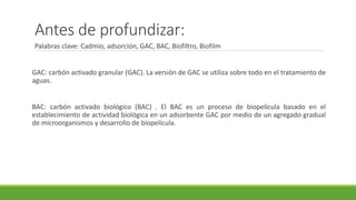 Antes de profundizar:
Palabras clave: Cadmio, adsorción, GAC, BAC, Biofiltro, Biofilm
GAC: carbón activado granular (GAC). La versión de GAC se utiliza sobre todo en el tratamiento de
aguas.
BAC: carbón activado biológico (BAC) . El BAC es un proceso de biopelícula basado en el
establecimiento de actividad biológica en un adsorbente GAC por medio de un agregado gradual
de microorganismos y desarrollo de biopelícula.
 