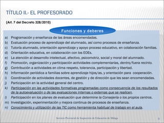 TÍTULO II.- EL PROFESORADO 
Funciones y deberes 
a) Programación y enseñanza de las áreas encomendadas. 
b) Evaluación proceso de aprendizaje del alumnado, así como procesos de enseñanza. 
c) Tutoría alumnado, orientación aprendizaje y apoyo proceso educativo, en colaboración familias. 
d) Orientación educativa, en colaboración con los EOEs. 
e) La atención al desarrollo intelectual, afectivo, psicomotriz, social y moral del alumnado. 
f) Promoción, organización y participación actividades complementarias, dentro/fuera recinto. 
g) Contribución a actividades en clima respeto, tolerancia, participación y libertad. 
h) Información periódica a familias sobre aprendizaje hijos/as, y orientación para cooperación. 
i) Coordinación de actividades docentes, de gestión y de dirección que les sean encomendadas. 
j) Participación en la actividad general del centro. 
k) Participación en las actividades formativas programadas como consecuencia de los resultados 
de la autoevaluación o de las evaluaciones internas o externas que se realicen. 
l) Participación en los planes de evaluación que determine la Consejería o los propios centros. 
m) Investigación, experimentación y mejora continua de procesos de enseñanza. 
n) Conocimiento y utilización de las TIC como herramienta habitual de trabajo en el aula. 
Servicio Provincial de Inspección de Educación de Málaga 9 
(Art. 7 del Decreto 328/2010) 
 
