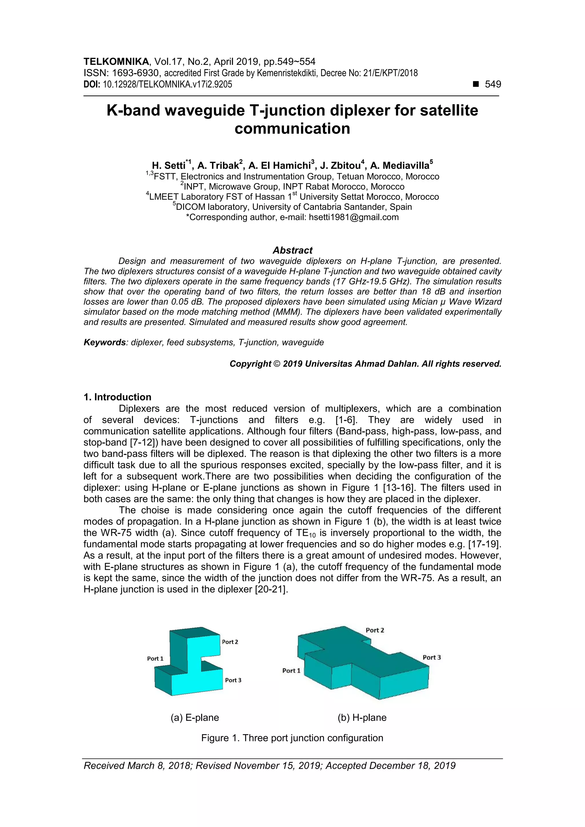 K-band waveguide T-junction diplexer for satellite communication | PDF