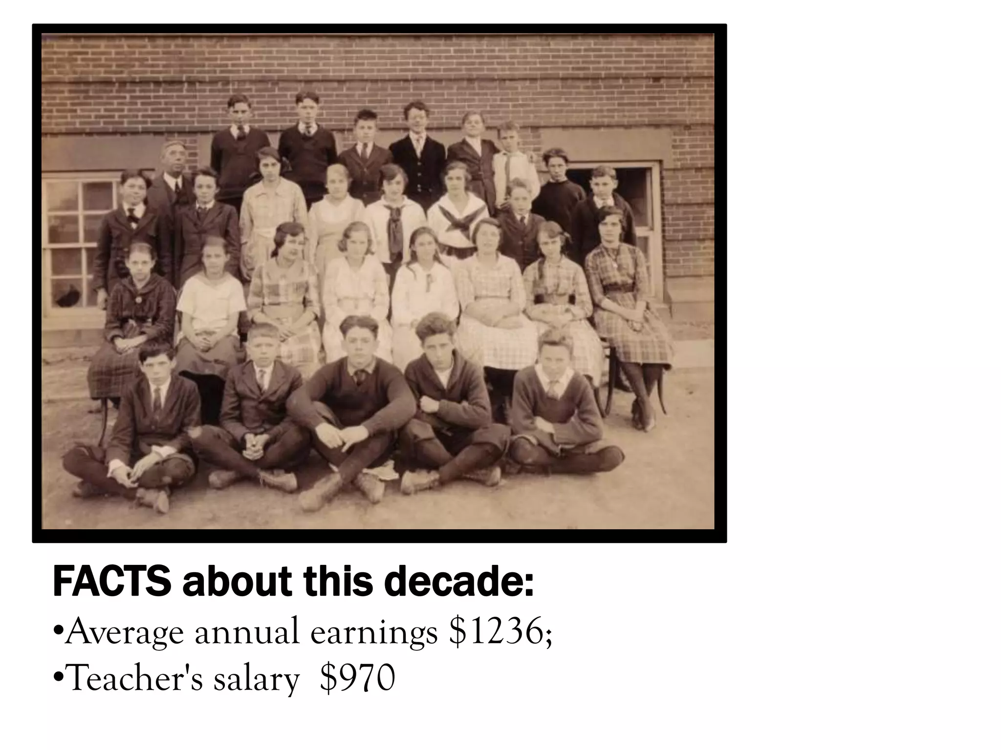 FACTS about this decade:
•Average annual earnings $1236;
•Teacher's salary $970
 