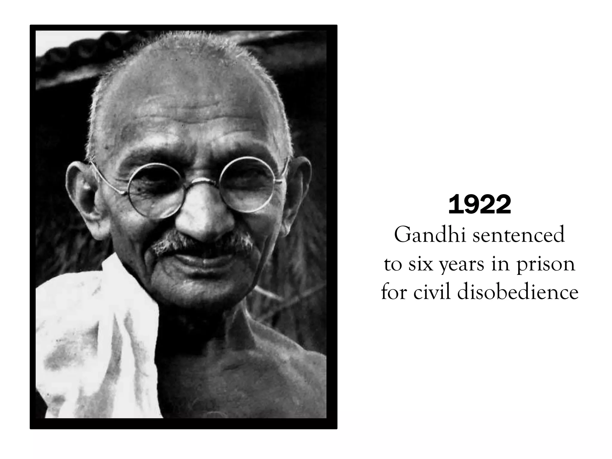 1922
  Gandhi sentenced
to six years in prison
for civil disobedience
 