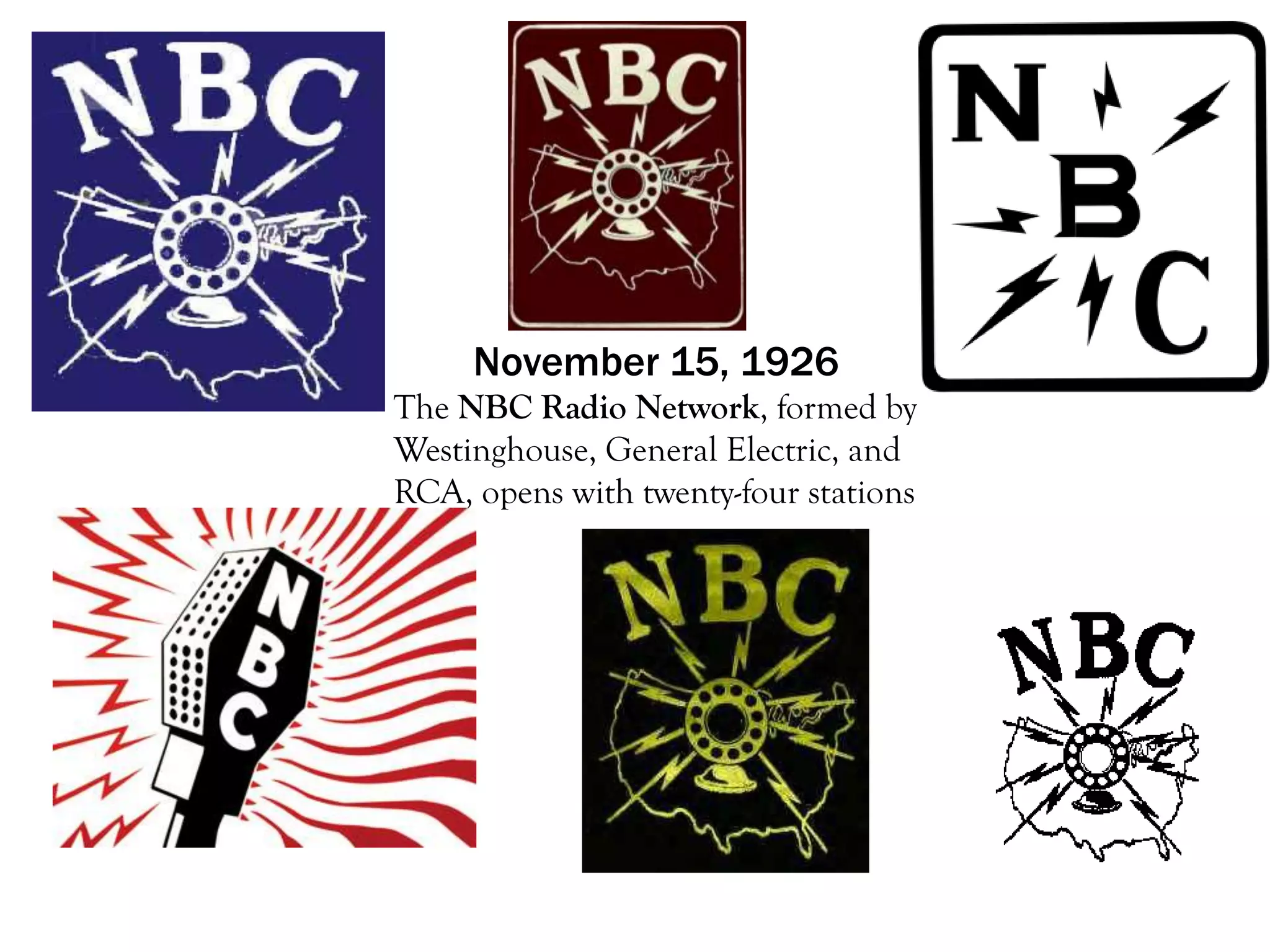 November 15, 1926
The NBC Radio Network, formed by
Westinghouse, General Electric, and
RCA, opens with twenty-four stations
 