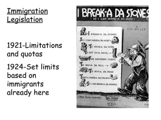 Immigration Legislation 1921-Limitations and quotas 1924-Set limits based on immigrants already here 