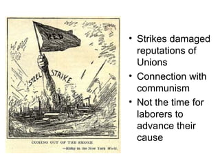 Strikes damaged reputations of Unions Connection with communism Not the time for laborers to advance their cause 