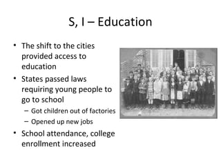 S, I – Education The shift to the cities provided access to education States passed laws requiring young people to go to school Got children out of factories Opened up new jobs School attendance, college enrollment increased 