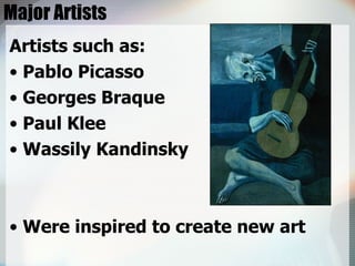 Major Artists Artists such as: Pablo Picasso Georges Braque  Paul Klee Wassily Kandinsky Were inspired to create new art 