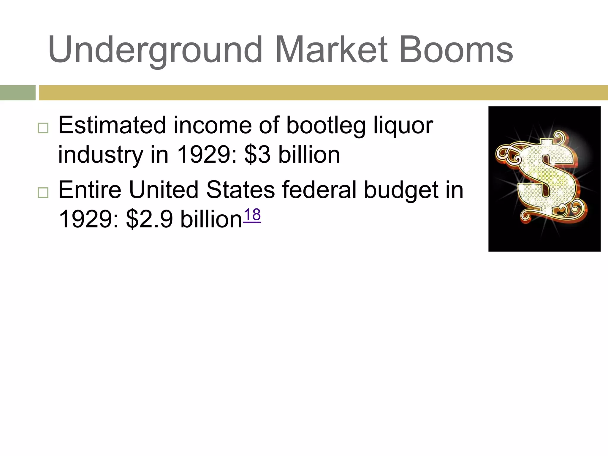 Underground Market Booms
 Estimated income of bootleg liquor
industry in 1929: $3 billion
 Entire United States federal budget in
1929: $2.9 billion18
 