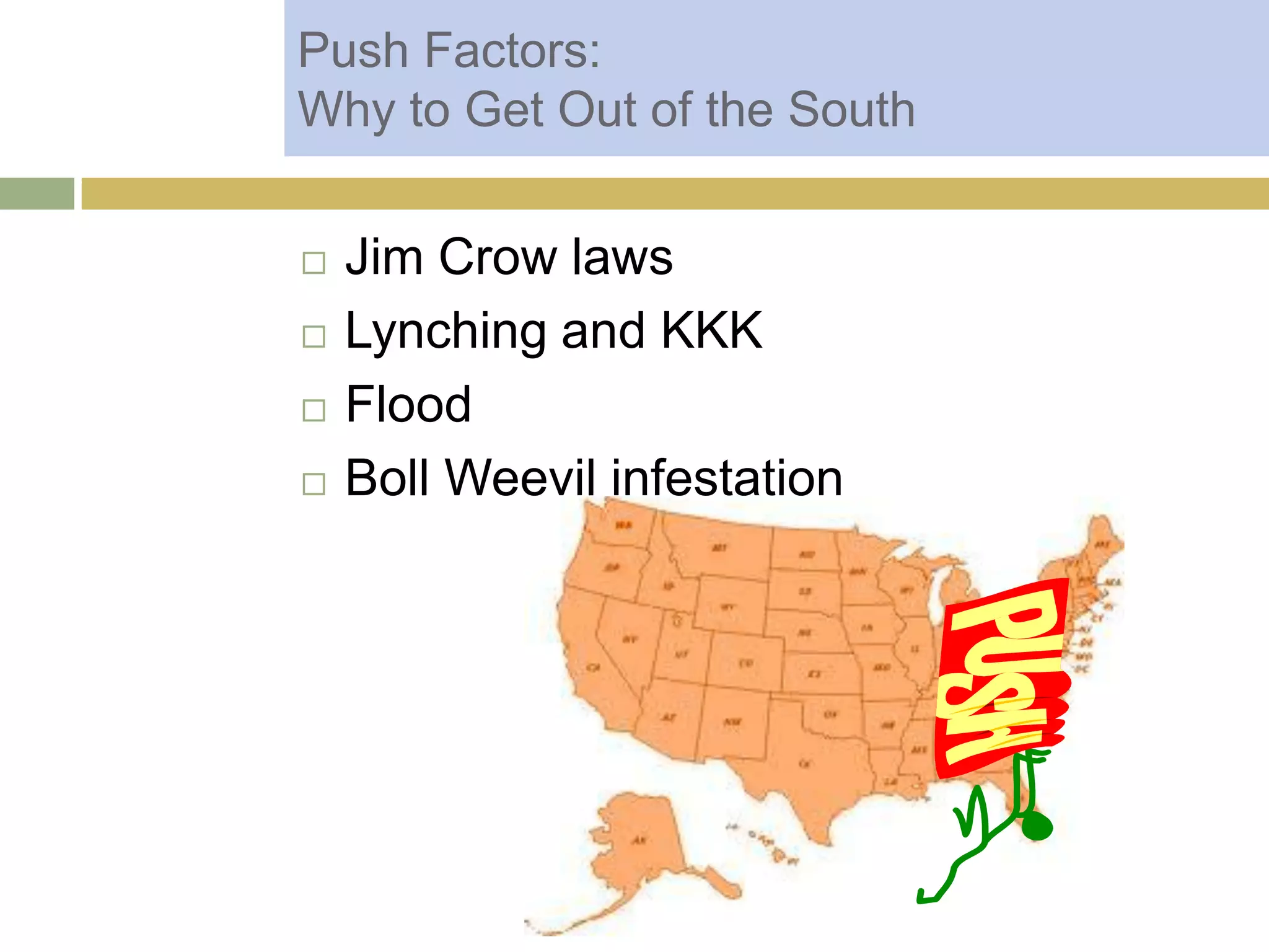 Push Factors:
Why to Get Out of the South
 Jim Crow laws
 Lynching and KKK
 Flood
 Boll Weevil infestation
 