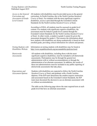 Testing Students with Disabilities North Carolina Testing Program
Published August 2019
113
Access to the General
Curriculum and
Assessment of Grade-
Level Content
Testing Students with
Disabilities Website
All students with disabilities must be provided access to the general
curriculum. In North Carolina, this is the North Carolina Standard
Course of Study. For students with the most significant cognitive
disabilities, access is provided through the Extended Content
Standards for the North Carolina Standard Course of Study.
According to ESSA, all students must be assessed on grade-level
content. For students with significant cognitive disabilities, the
assessment must be linked to grade-level content through the
Extended Content Standards for the North Carolina Standard Course
of Study. In other words, a student in grade 6 cannot be given the
assessment designed for grade 4. This ensures the information about
how students with disabilities are doing academically is based on their
enrolled grade, providing critical information for schools and parents.
Information on testing students with disabilities may be found at
http://www.ncpublicschools.org/accountability/policies/tswd.
Districtwide
Assessments
All students with disabilities, including those with the most
significant cognitive disabilities, must be included in all districtwide
assessments. Participation may be through the general test
administration with or without accommodations or through the
administration of an alternate assessment. In addition, the results of
these test administrations must be included in any public reporting of
districtwide assessments that take place.
Expectations and
Assessment Options
Students with disabilities are expected to follow the North Carolina
Standard Course of Study and graduate with a North Carolina
diploma. If the IEP team determines the student requires instruction
and assessment based on the Extended Content Standards, the IEP
team must document the decision to use an alternate assessment with
or without accommodations.
The table on the following page shows the state required tests at each
grade level that have an alternate assessment.
 