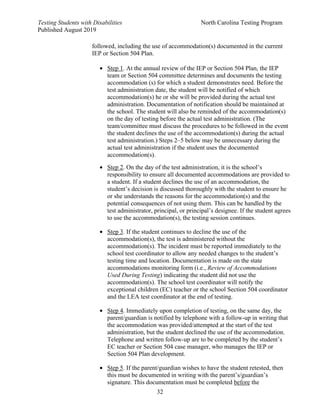 Testing Students with Disabilities North Carolina Testing Program
Published August 2019
32
followed, including the use of accommodation(s) documented in the current
IEP or Section 504 Plan.
• Step 1. At the annual review of the IEP or Section 504 Plan, the IEP
team or Section 504 committee determines and documents the testing
accommodation (s) for which a student demonstrates need. Before the
test administration date, the student will be notified of which
accommodation(s) he or she will be provided during the actual test
administration. Documentation of notification should be maintained at
the school. The student will also be reminded of the accommodation(s)
on the day of testing before the actual test administration. (The
team/committee must discuss the procedures to be followed in the event
the student declines the use of the accommodation(s) during the actual
test administration.) Steps 2–5 below may be unnecessary during the
actual test administration if the student uses the documented
accommodation(s).
• Step 2. On the day of the test administration, it is the school’s
responsibility to ensure all documented accommodations are provided to
a student. If a student declines the use of an accommodation, the
student’s decision is discussed thoroughly with the student to ensure he
or she understands the reasons for the accommodation(s) and the
potential consequences of not using them. This can be handled by the
test administrator, principal, or principal’s designee. If the student agrees
to use the accommodation(s), the testing session continues.
• Step 3. If the student continues to decline the use of the
accommodation(s), the test is administered without the
accommodation(s). The incident must be reported immediately to the
school test coordinator to allow any needed changes to the student’s
testing time and location. Documentation is made on the state
accommodations monitoring form (i.e., Review of Accommodations
Used During Testing) indicating the student did not use the
accommodation(s). The school test coordinator will notify the
exceptional children (EC) teacher or the school Section 504 coordinator
and the LEA test coordinator at the end of testing.
• Step 4. Immediately upon completion of testing, on the same day, the
parent/guardian is notified by telephone with a follow-up in writing that
the accommodation was provided/attempted at the start of the test
administration, but the student declined the use of the accommodation.
Telephone and written follow-up are to be completed by the student’s
EC teacher or Section 504 case manager, who manages the IEP or
Section 504 Plan development.
• Step 5. If the parent/guardian wishes to have the student retested, then
this must be documented in writing with the parent’s/guardian’s
signature. This documentation must be completed before the
 