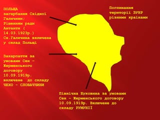 ЗУНР
ПОЛЬЩА
загарбання Східної
Галичини;
Рішенням ради
Антанти (
14.03.1923р.)
Сх.Галичина включена
у склад Польщі
Закарпаття за
умовами Сен –
Жерменського
договору
10.09.1919р.
включене до складу
ЧЕХО - СЛОВАЧЧИНИ
Північна Буковина за умовами
Сен – Жерменського договору
10.09.1919р. Включене до
складу РУМУНІЇ
Поглинання
території ЗУНР
різними країнами
 