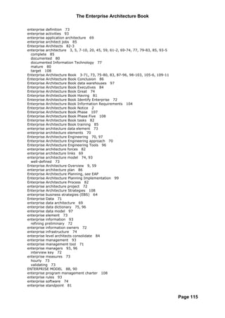 The Enterprise Architecture Book

enterprise definition 73
enterprise activities 93
enterprise application architecture 69
enterprise architect jobs 85
Enterprise Architects 82-3
enterprise architecture 3, 5, 7-10, 20, 45, 59, 61-2, 69-74, 77, 79-83, 85, 93-5
  complete 85
  documented 80
  documented Information Technology 77
  mature 80
  target 108
Enterprise Architecture Book 3-71, 73, 75-80, 83, 87-96, 98-103, 105-6, 109-11
Enterprise Architecture Book Conclusion 86
Enterprise Architecture Book data warehouses 97
Enterprise Architecture Book Executives 84
Enterprise Architecture Book Great 74
Enterprise Architecture Book Having 81
Enterprise Architecture Book Identify Enterprise 72
Enterprise Architecture Book Information Requirements 104
Enterprise Architecture Book Notice 2
Enterprise Architecture Book Phase 107
Enterprise Architecture Book Phase Five 108
Enterprise Architecture Book tasks 82
Enterprise Architecture Book training 85
enterprise architecture data element 73
enterprise architecture elements 70
Enterprise Architecture Engineering 70, 97
Enterprise Architecture Engineering approach 70
Enterprise Architecture Engineering Tools 96
enterprise architecture forces 82
enterprise architecture links 69
enterprise architecture model 74, 93
  well-defined 73
Enterprise Architecture Overview 9, 59
enterprise architecture plan 86
Enterprise Architecture Planning, see EAP
Enterprise Architecture Planning Implementation 99
Enterprise Architecture Process 82
enterprise architecture project 72
Enterprise Architecture Strategies 108
enterprise business strategies (EBS) 64
Enterprise Data 71
enterprise data architecture 69
enterprise data dictionary 75, 96
enterprise data model 97
enterprise element 73
enterprise information 93
  refining preliminary 72
enterprise information owners 72
enterprise infrastructure 74
enterprise level architects consolidate 84
enterprise management 93
enterprise management tool 71
enterprise managers 93, 96
  interview key 72
enterprise measures 73
  hourly 73
  validating 73
ENTERPRISE MODEL 88, 90
enterprise program management charter 108
enterprise rules 93
enterprise software 74
enterprise standpoint 81


                                                                                   Page 115
 