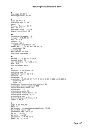 The Enterprise Architecture Book

K
knowledge 87, 89-92
knowledge content 90, 92

L
level 29, 79, 81-2
level plans, high 77, 79
liability 2
linkage,    Business 35, 38
links 73, 75, 97
logical data model 75, 93-4
Logical Process Model 75

M
management processes 7-8
managers 84-5, 90, 93, 110
map 75, 94-5
medium 16
members 103-4
  organization project team 103
model 46-7, 71, 75, 87, 90-1, 94, 97, 108
  architectural 74
modeling 92
MOTIVATION 75, 88-9
multi-level, enterprise's 97

N
network 11, 31, 46, 75, 85, 88-9
Network Design 75
new architecture 71, 74, 93-6, 102
NLM 88-9
NLM procedures 88-90

O
objectives 6, 69, 99-102, 109
operational data 96
operational systems 93, 95-6
organizati 88
Organizatio 75
organization 10, 33, 40, 69, 73, 77-8, 80, 82-5, 89, 99-104, 106-7, 109-10
  governance 64
  logical 69
Organization Consider Enterprise Architecture 80
organization senior management 103
organization service areas 100
organization      33
organizational levels 96
organizational mission, defined 82
organizational structure 99, 103
organizational units 73
Overview Enterprise Architecture 3
owner 2, 47, 85

P
page 9, 20, 44-5, 93
Page 2-111
participation  architecture process definition   35, 38
Perform EAP Process 109
performance plans 69-70, 72
person 2, 28, 90-1
personnel 101, 109
perspectives 47-8, 72, 82, 85
Phase 65, 101, 103-8


                                                                             Page 117
 
